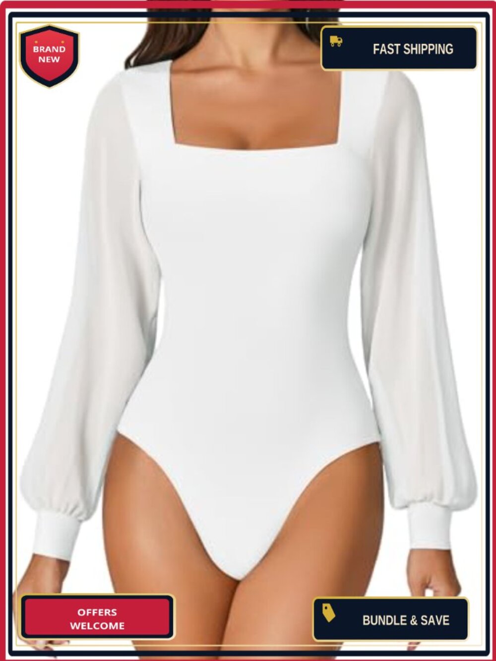 Mesh Bodysuit Long Puff Sleeve Square Neck Thong Double Lined